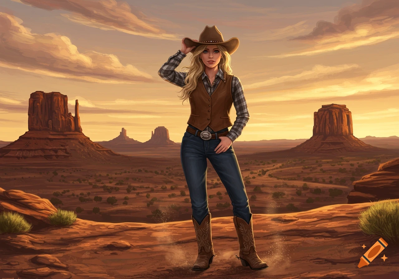 A blonde cowgirl in a brown vest and cowboy hat stands in a desert landscape with buttes at sunset, illustrated.