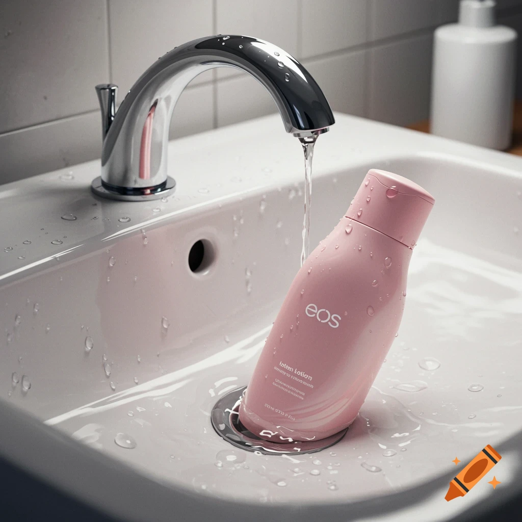 A pink eos lotion bottle stands in a white bathroom sink with water running over it from a chrome faucet.