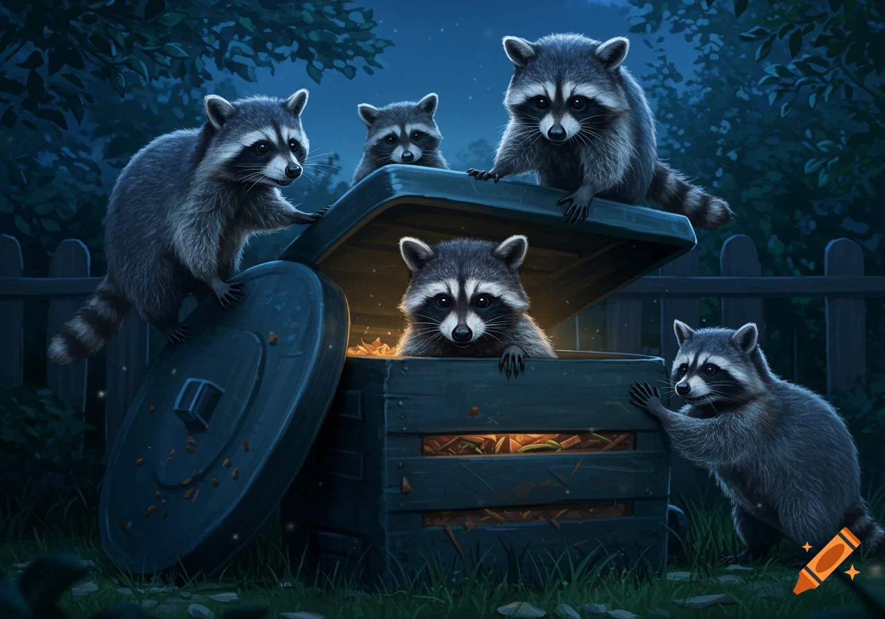 Five raccoons investigate an overflowing compost bin at night, one peeking out from inside, in a digital painting style.