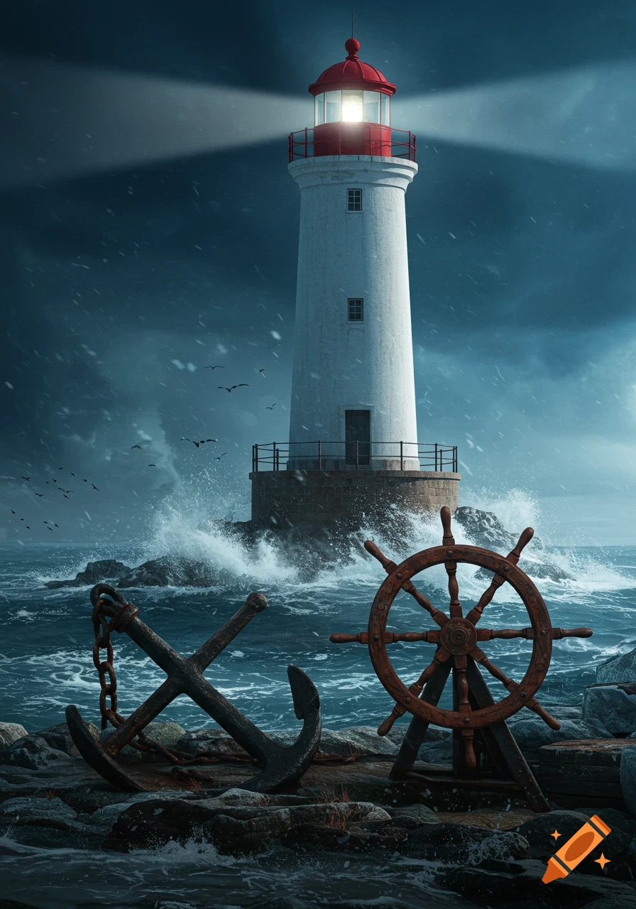 Photorealistic lighthouse on a rocky coast during a stormy night, with an anchor and ship's wheel in the foreground.