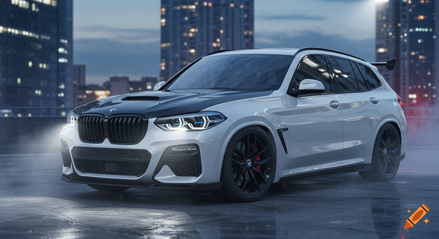 White BMW XM SUV with black hood parked on a wet urban rooftop at dusk, city lights in background.