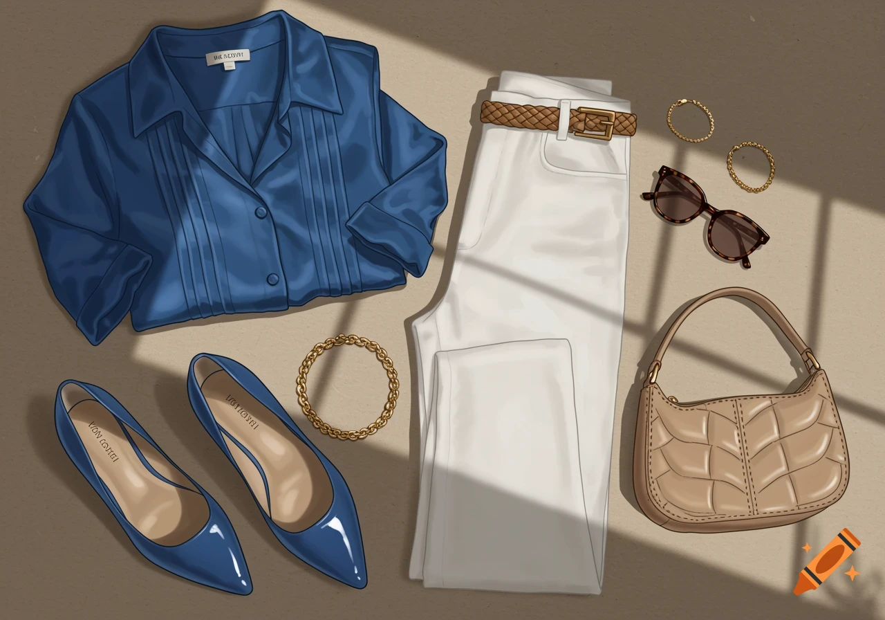 Flat lay of a blue shirt, white pants, blue flats, beige handbag, sunglasses, and gold jewelry on a brown surface with sunlight.