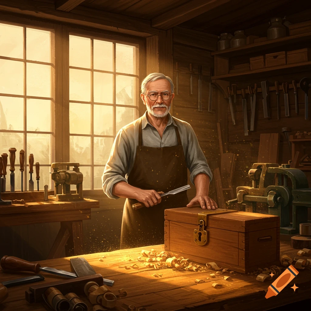 An old man with a beard and glasses, wearing an apron, holds a chisel next to a wooden chest in a sunlit workshop filled with tools.