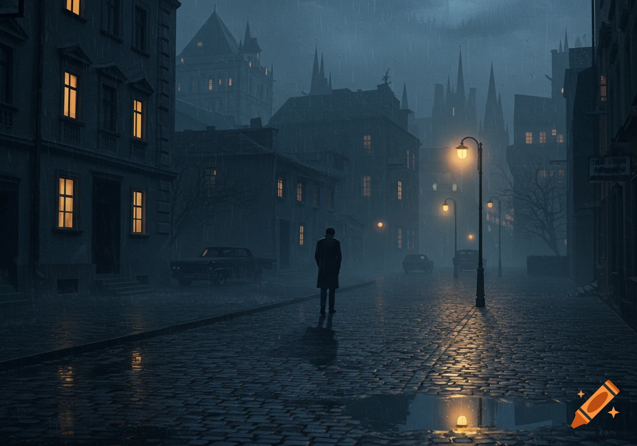 A lone figure walks down a wet, dark cobblestone street lined with old buildings and illuminated by streetlights in a rainy, moody city at night.