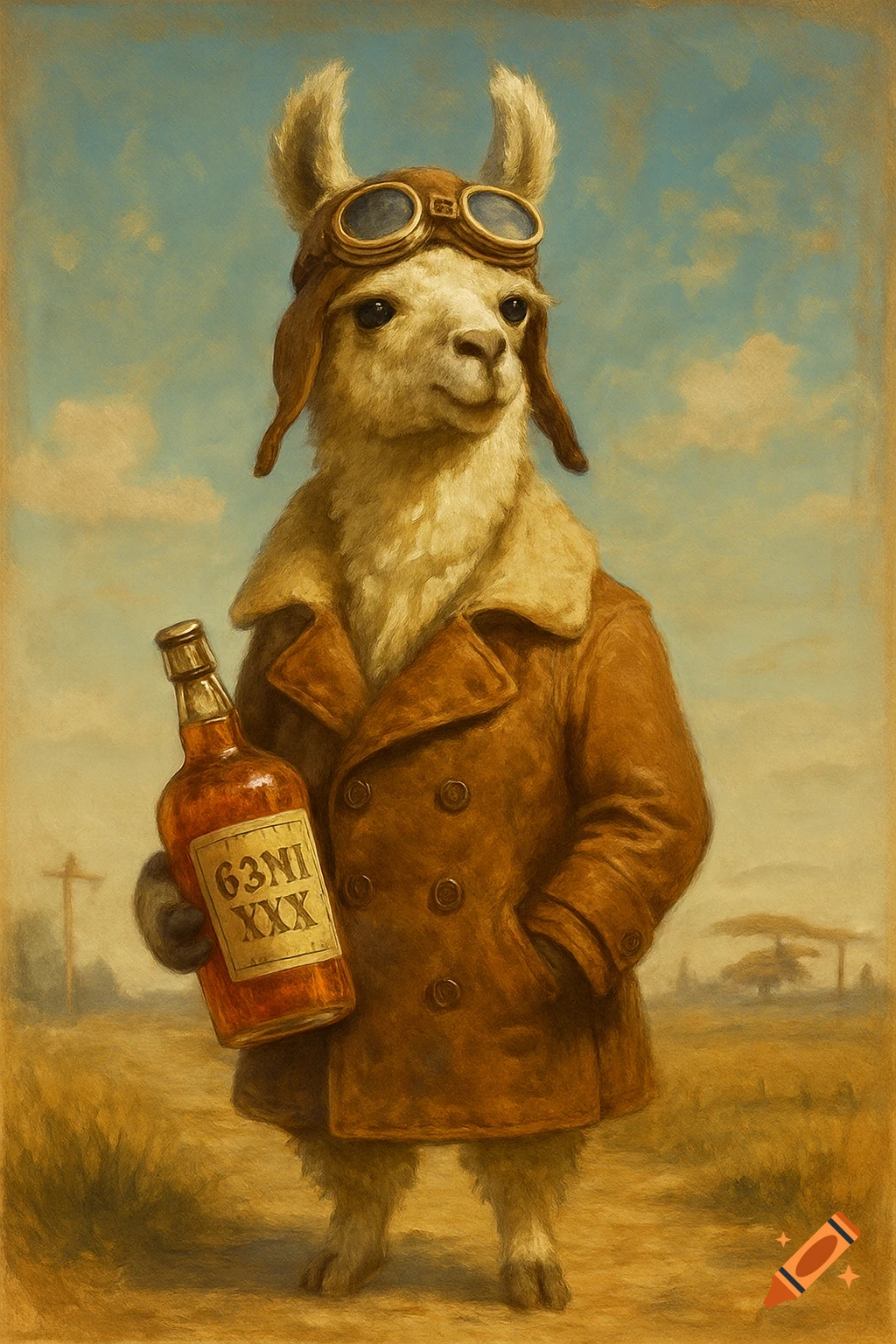 A painterly image of an anthropomorphic llama wearing a pilot's coat and goggles, holding a bottle, standing in a field.