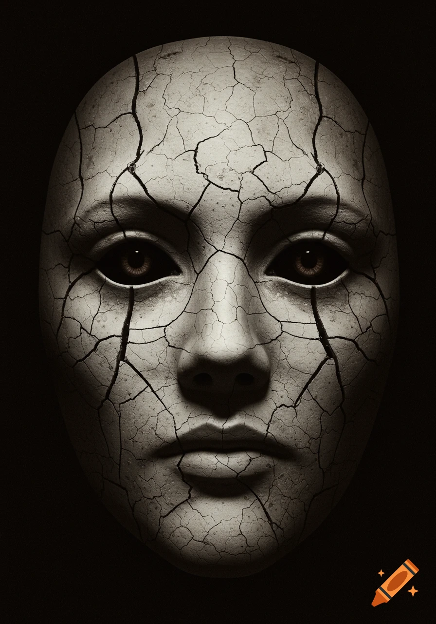 Monochromatic cracked mask-like face with dark eyes, no nose or mouth, set against a dark background.