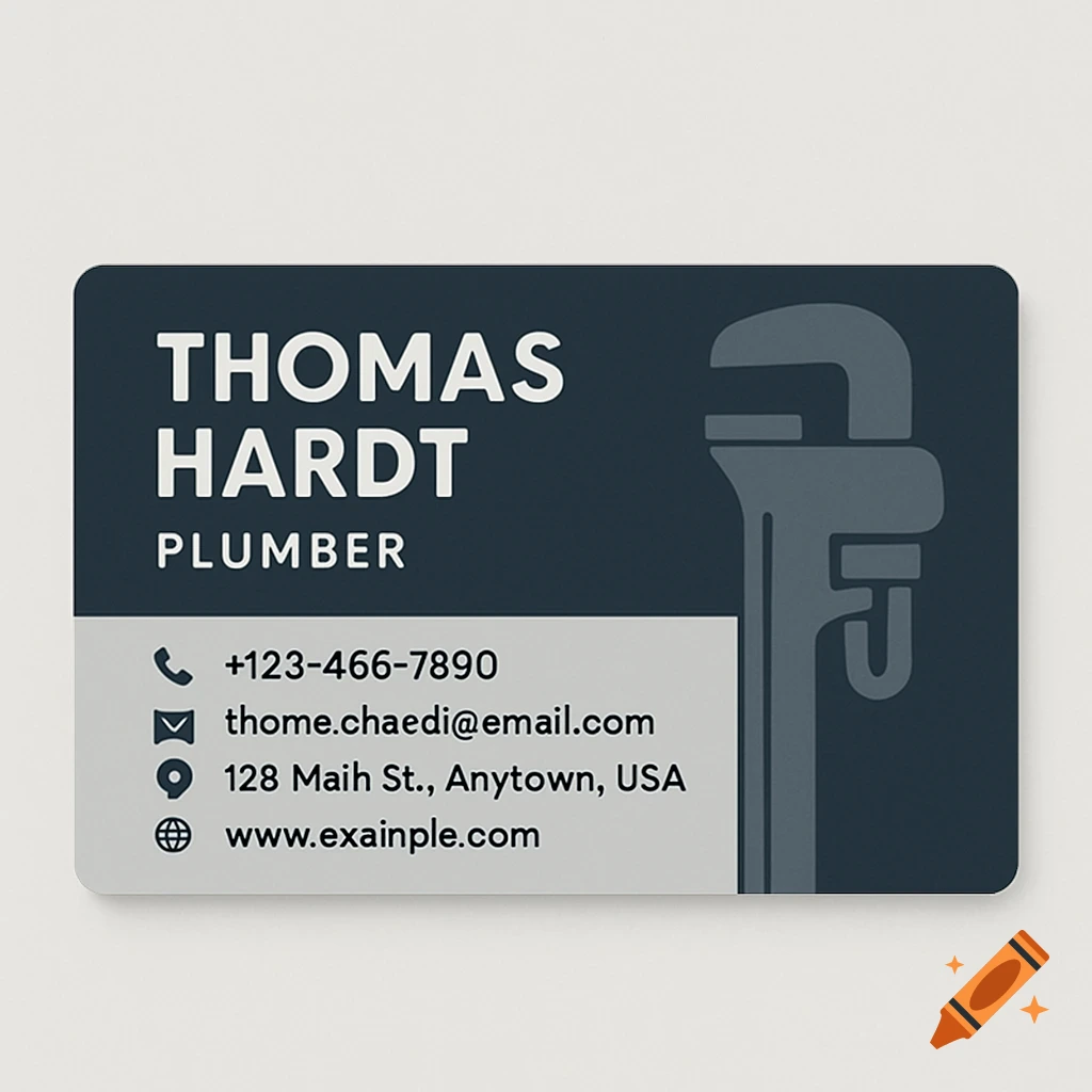 A professional business card in dark blue and light gray for "Thomas Hardt Plumber" with contact details and a pipe wrench icon.