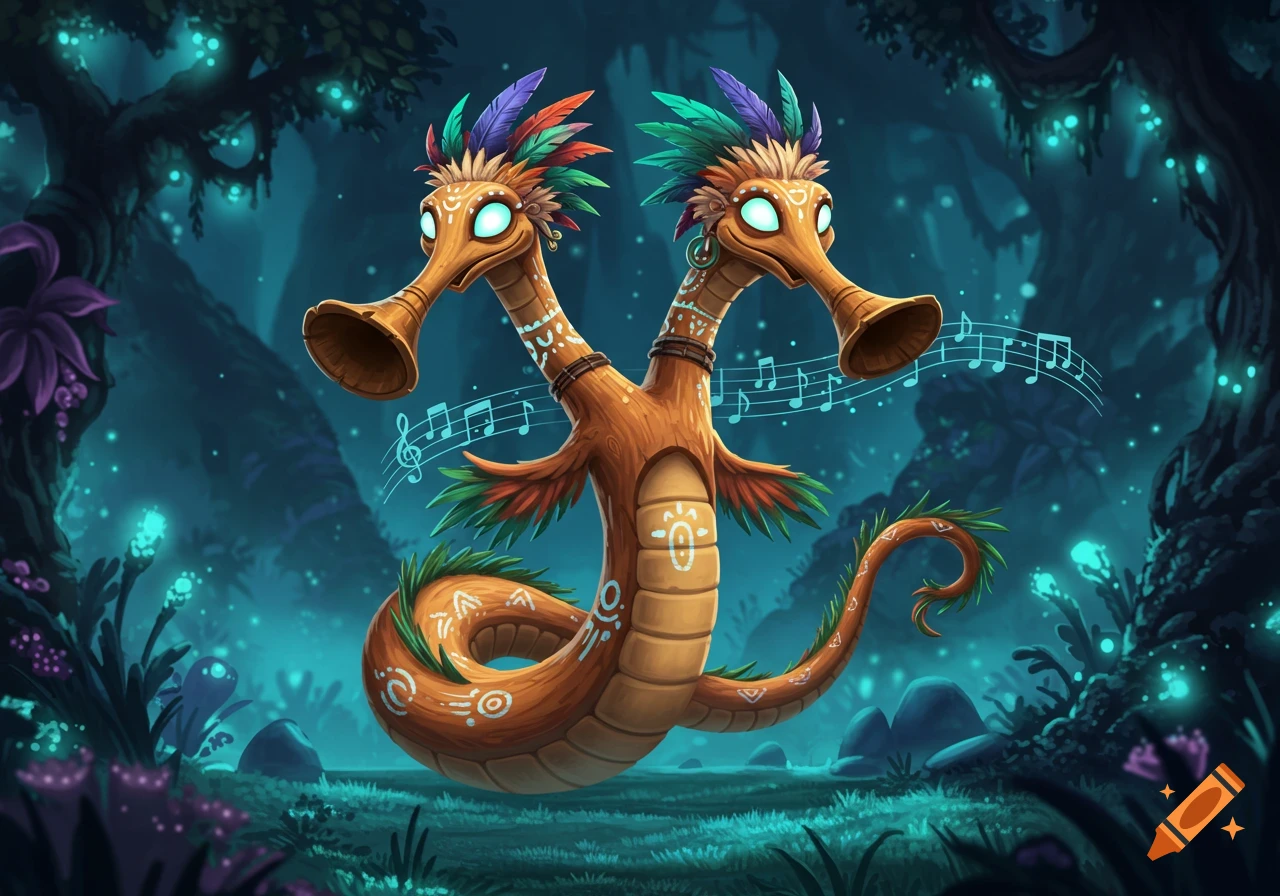 A two-headed, didgeridoo-like serpent creature with tribal patterns and feathered crests, surrounded by musical notes in a bioluminescent fantasy forest.