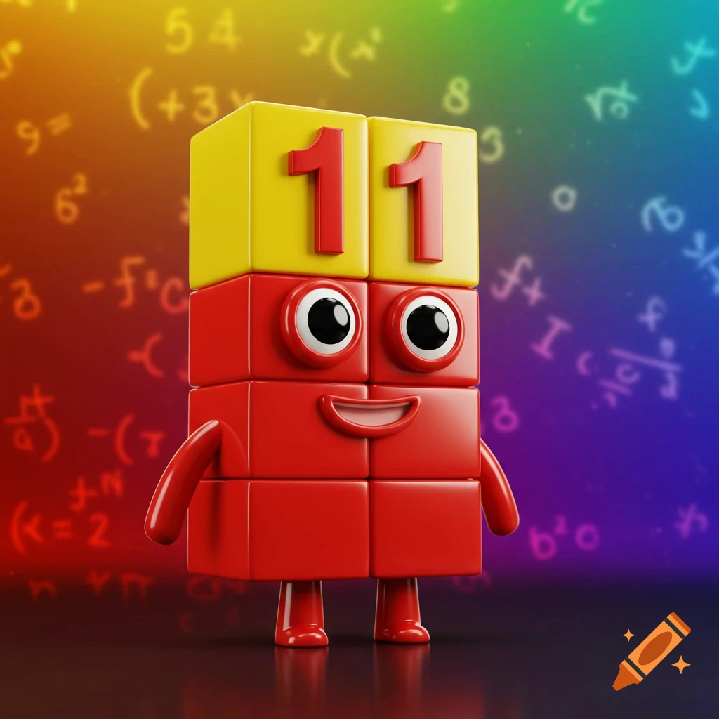 A 3D rendered cartoon character made of red blocks with a yellow head displaying the number 11, against a background of blurry mathematical equations.