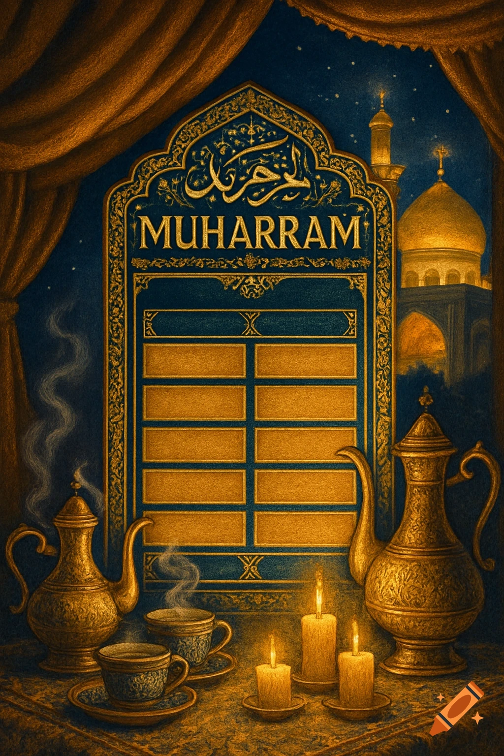 An ornate golden and blue framed panel with 'MUHARRAM' and Arabic script, flanked by golden teapots, cups with steam, and lit candles against a starry night sky with a mosque in the background.