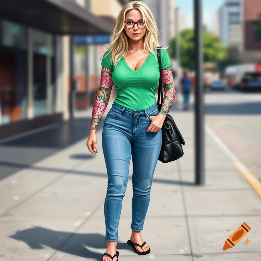 Blonde woman with rose tattoos, red glasses, green t-shirt, blue jeans, and flip-flops walking on a city sidewalk.