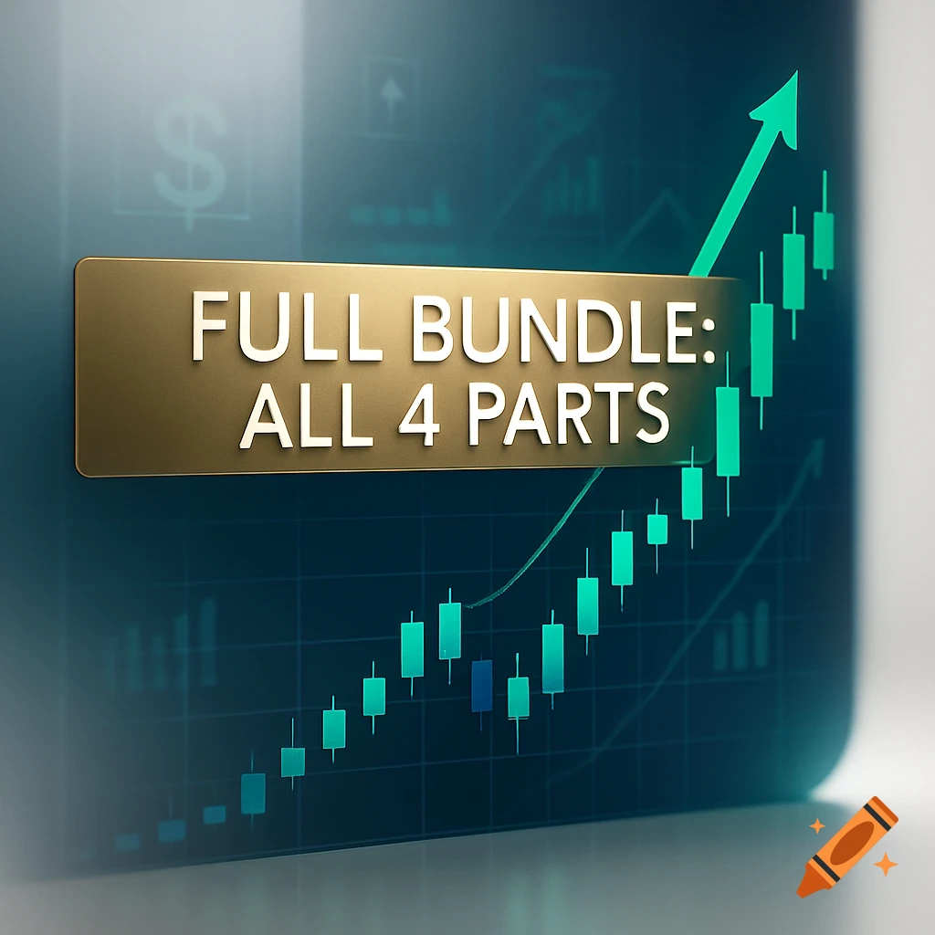 A gold banner with 'FULL BUNDLE: ALL 4 PARTS' over a dark financial graph with green candlestick bars and an upward trending arrow.