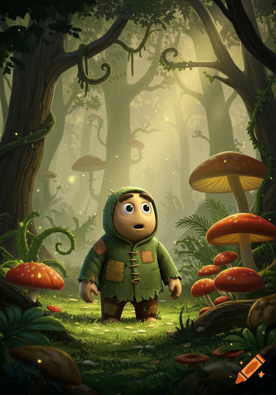 A surprised cartoon character in a green tunic stands in a whimsical, magical forest filled with glowing mushrooms and fireflies, 3D fantasy art.