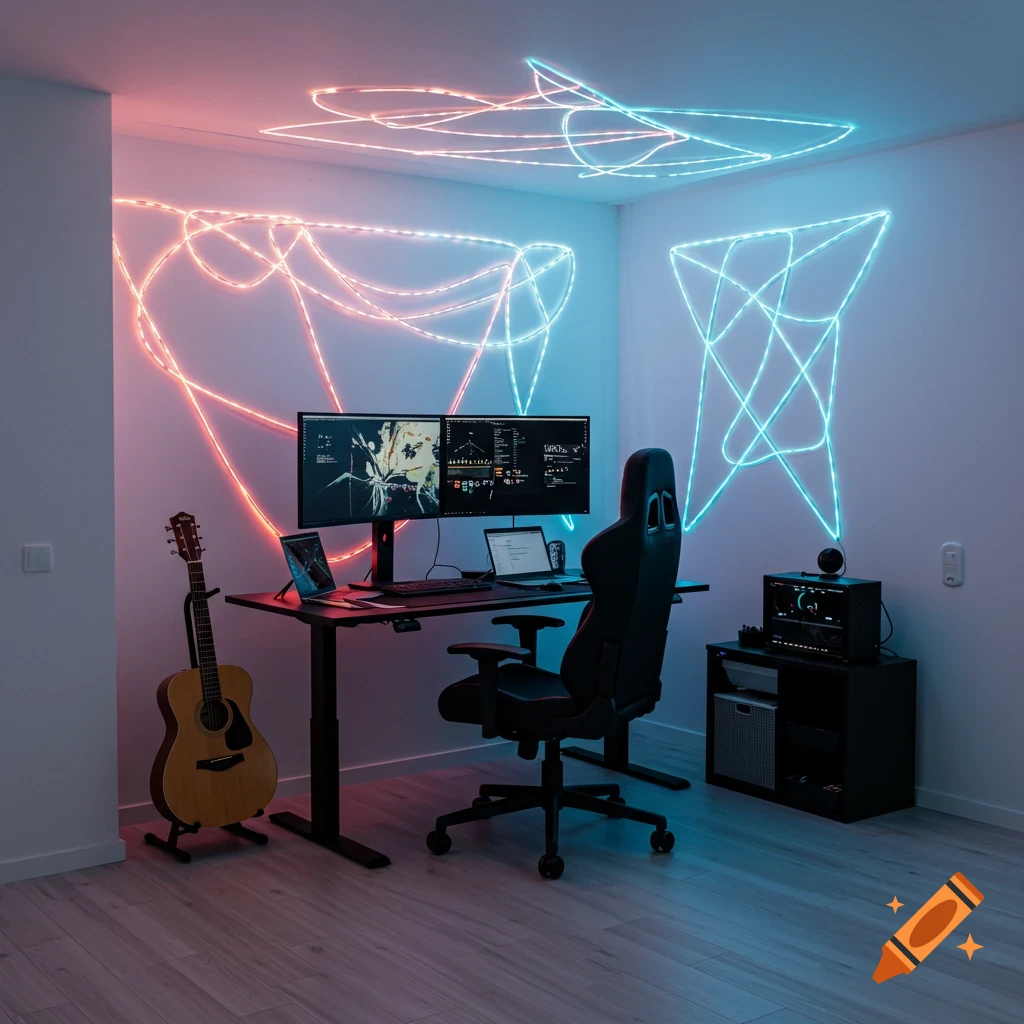 A modern home office with a black standing desk, two monitors, a gaming chair, and a guitar, illuminated by abstract red and blue LED wall lights.