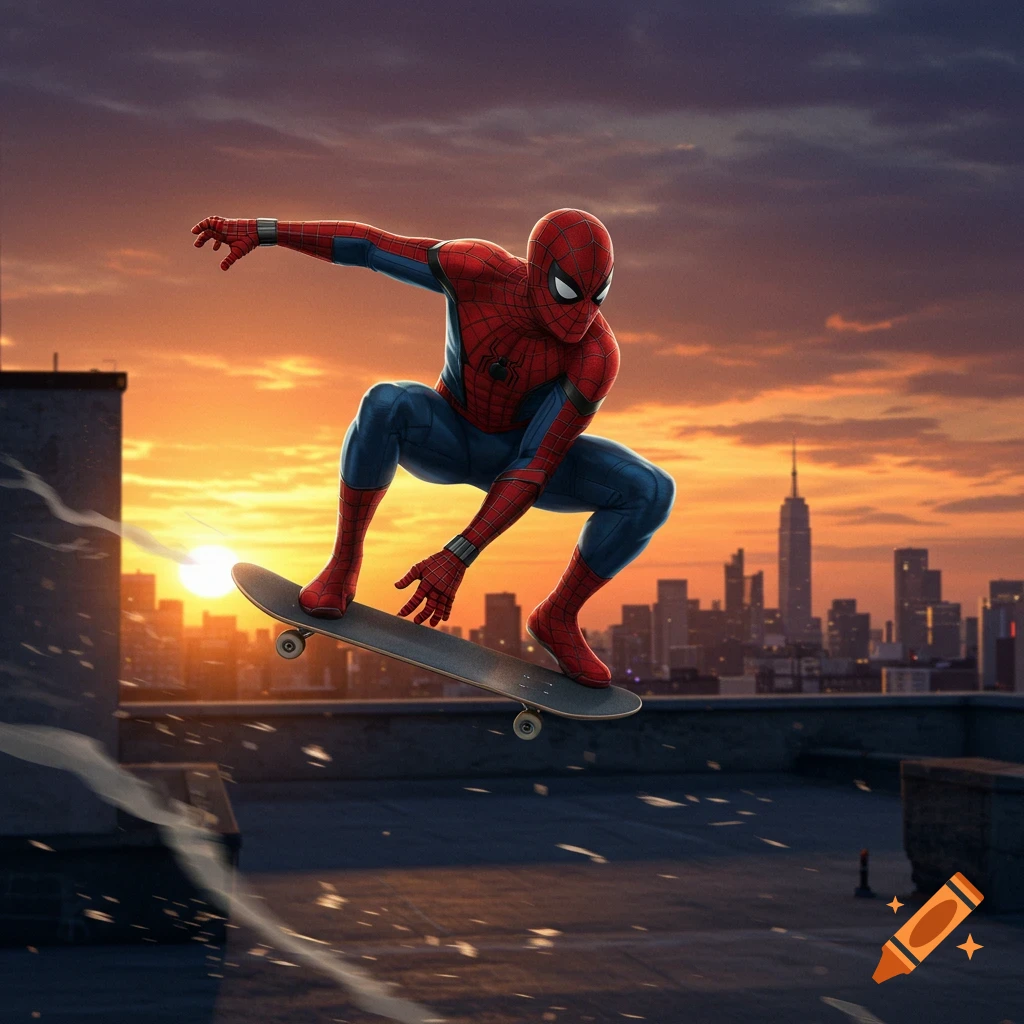 Spider-Man airborne on a skateboard over a city rooftop at sunset, with a cityscape in the background, illustrated in a comic book style.