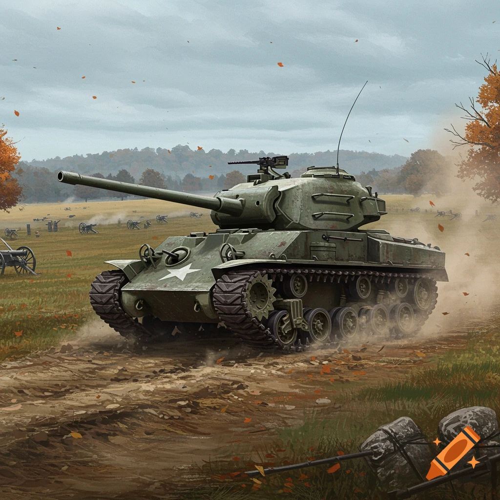 A green military tank drives through a dusty field with autumn leaves, under a cloudy sky, with distant cannons.