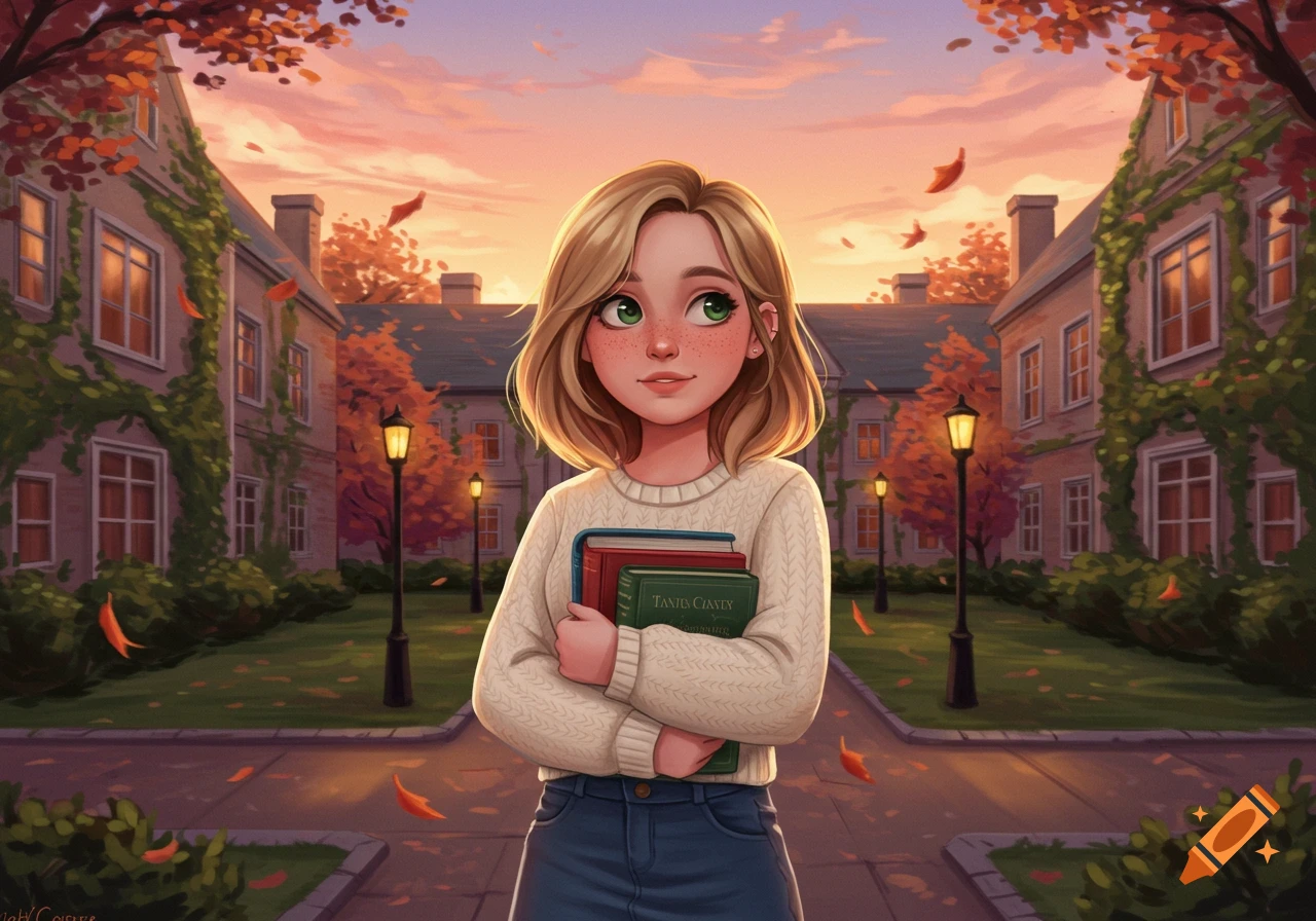 A cheerful blonde college student with green eyes and freckles holds books, standing on a campus path amidst autumn foliage at sunset, in an illustrated style.