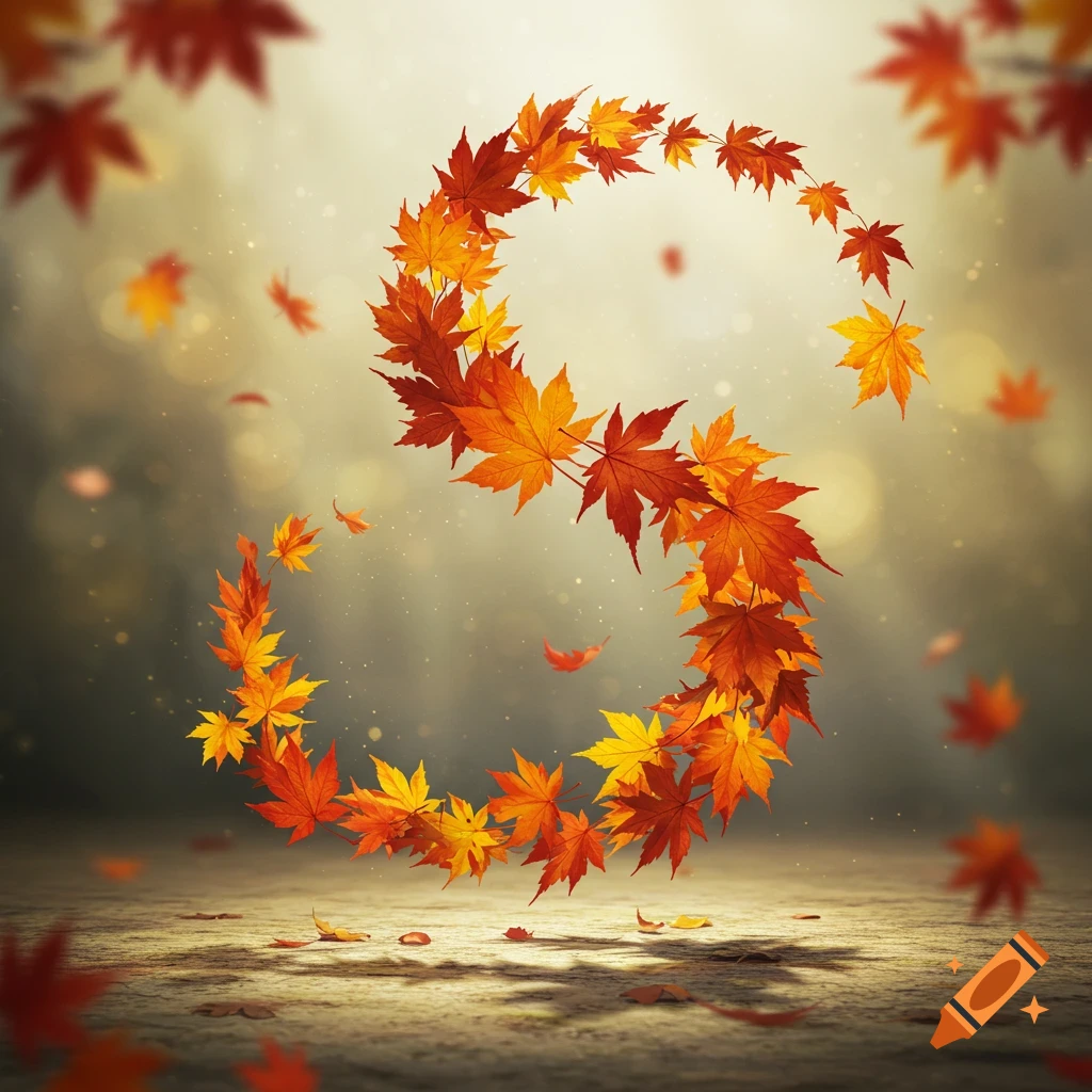 Photorealistic image of vibrant orange and yellow maple leaves swirling to form the letter 'S' against a blurred, sunlit background.