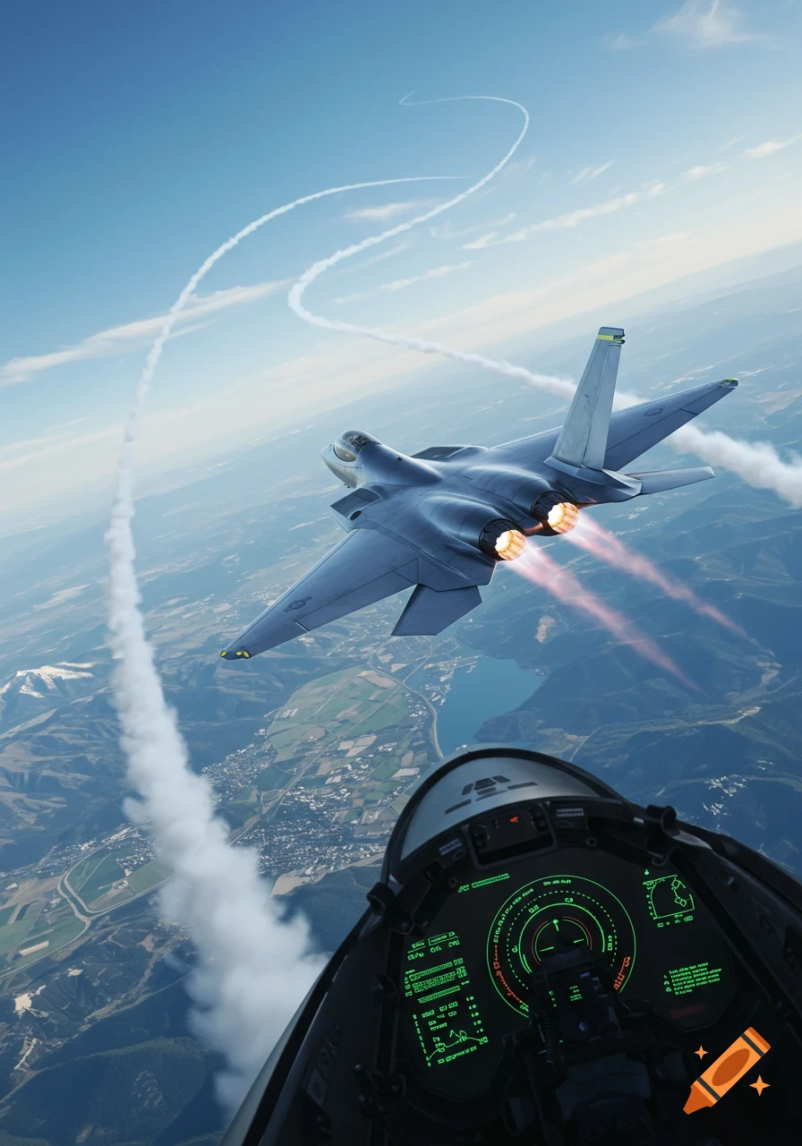 A photorealistic image of a fighter jet flying high in the sky with another jet's cockpit in the foreground.