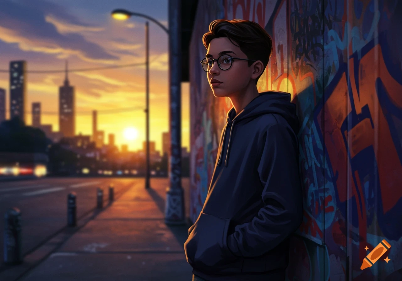 Illustration of a teenage boy in glasses and a hoodie leaning against a graffiti wall at sunset in a city.