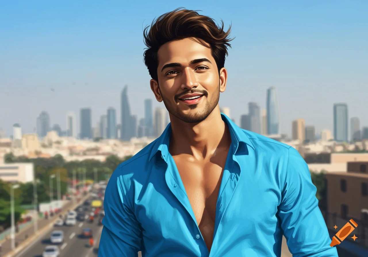 A smiling man with light brown skin and dark hair, wearing an open blue button-down shirt, standing against a blurred cityscape background.