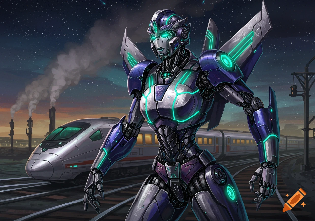 A blue and purple female Transformer robot with glowing green details stands on train tracks with a high-speed train and industrial buildings in the background at dusk.