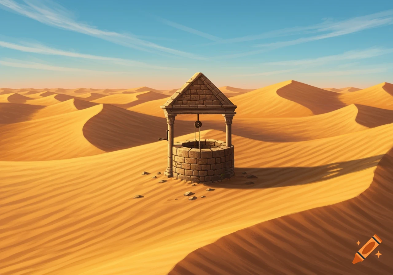 A stone well with a pulley and bucket in the middle of a vast, sunny desert with rolling sand dunes under a blue sky.