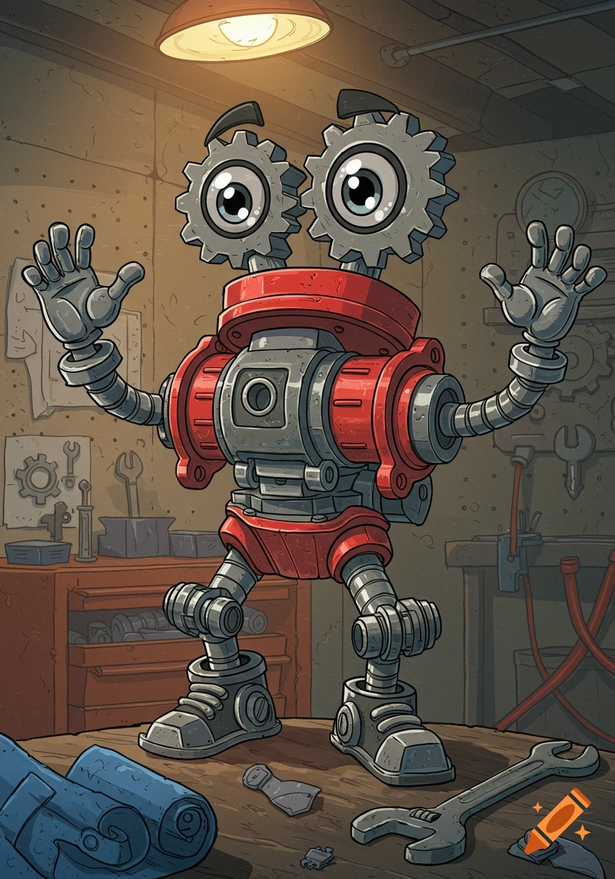 Cartoon robot with gear eyes and red and gray parts stands in a messy workshop under a lamp, tools scattered around.