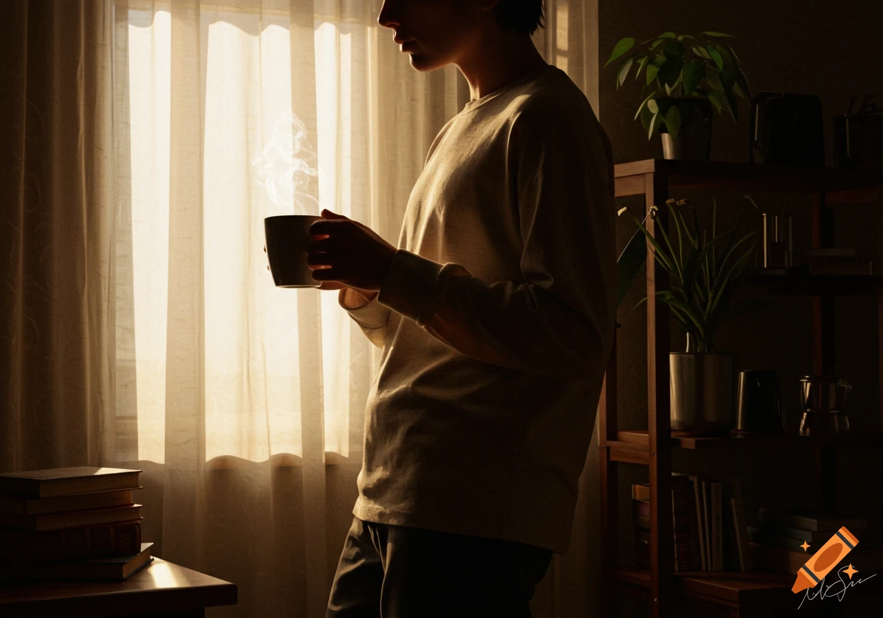 Person holding a steaming coffee cup by a sunlit window in a room with shelves and plants, warm light.