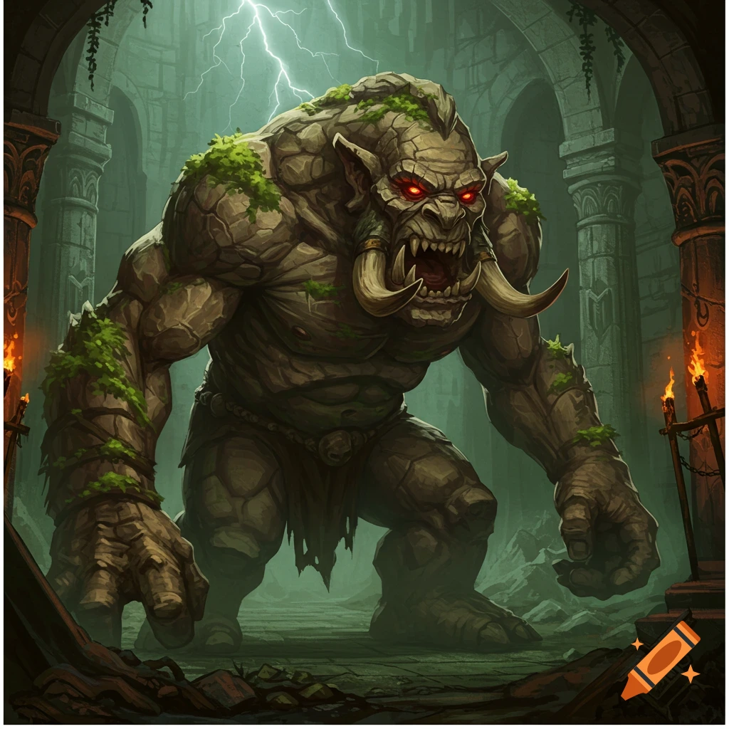 A formidable stone troll with glowing red eyes and tusks stands in a dark, ancient dungeon as lightning strikes in the background. Digital art style.