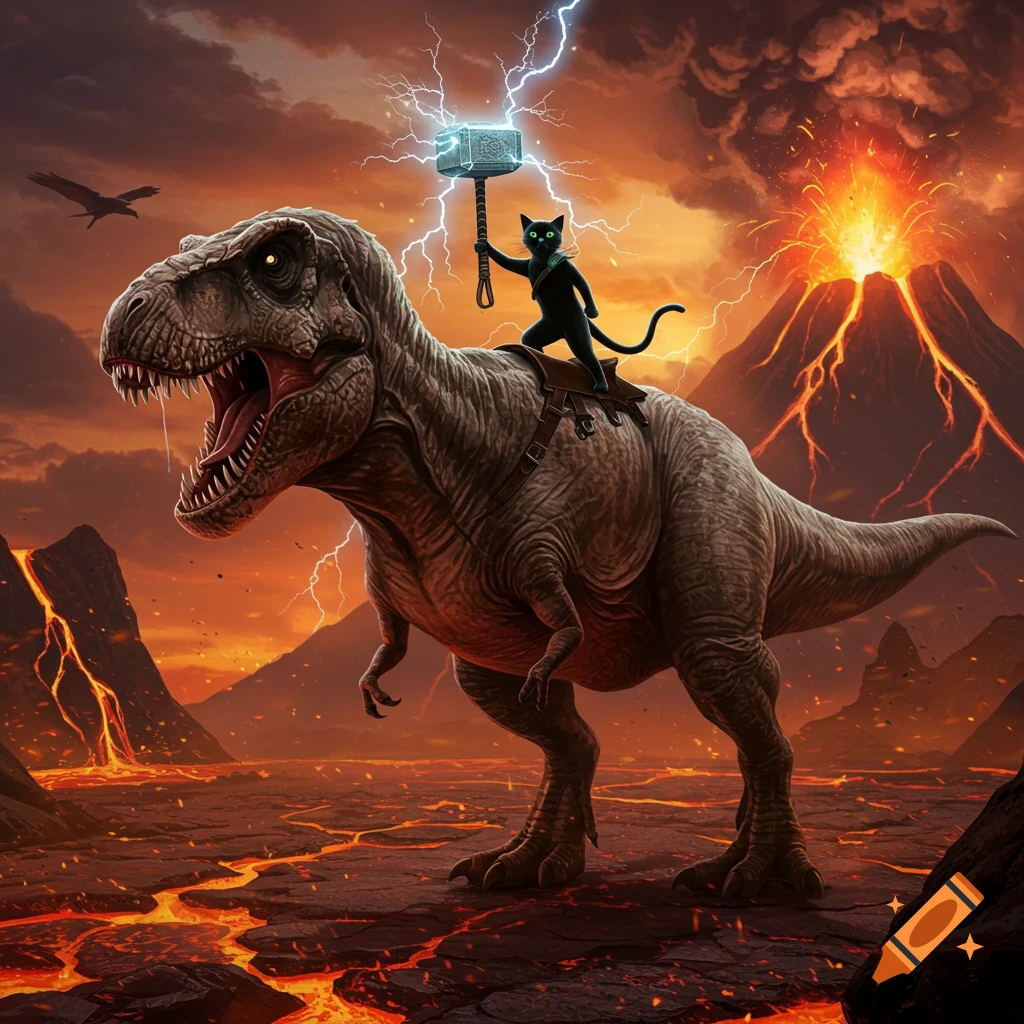 A black cat wearing a saddle rides a large T-Rex through a volcanic landscape. The cat holds Thor's hammer with lightning.