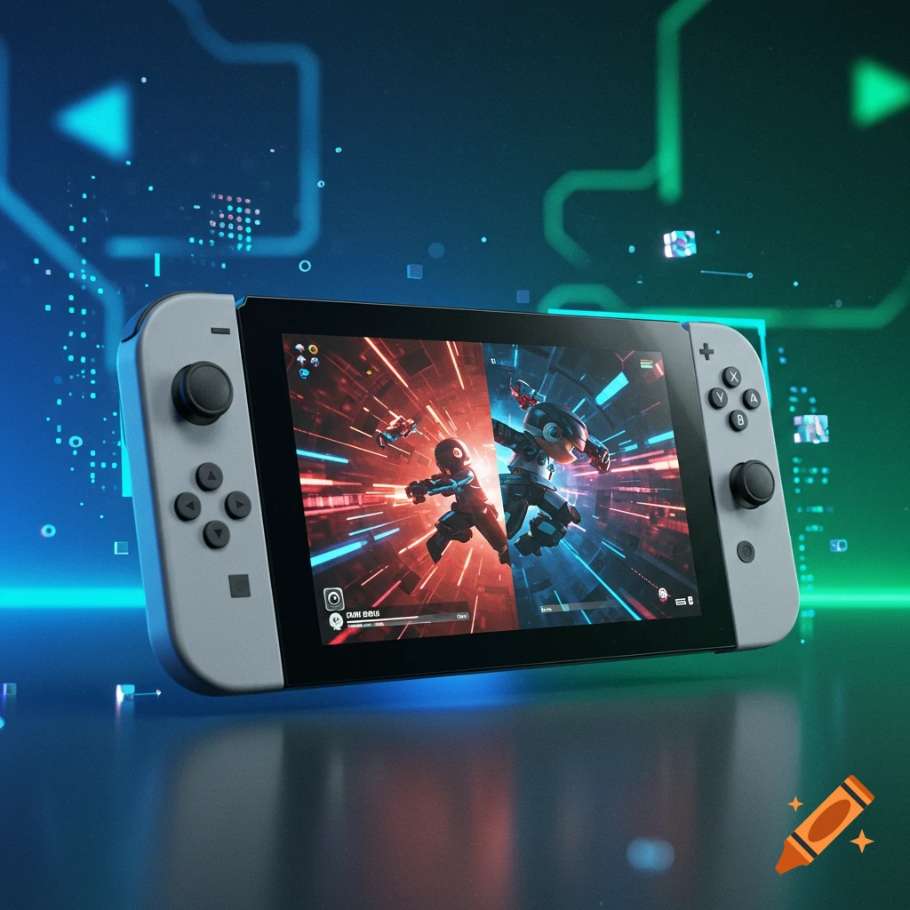 A grey video game console with two characters battling on its screen, set against a futuristic blue and green circuit background.