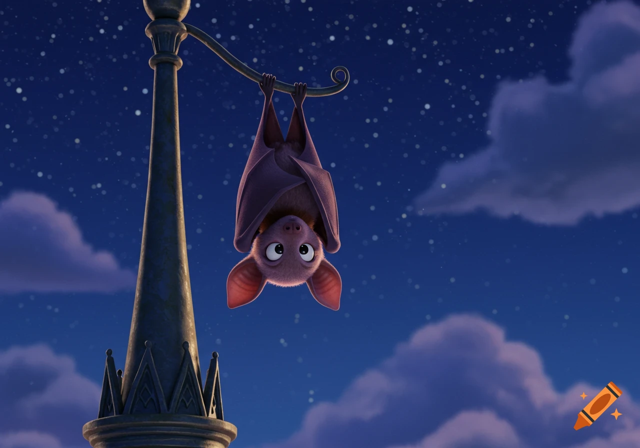 A cute, purple cartoon bat hangs upside down from a lamp post against a starry night sky with clouds.