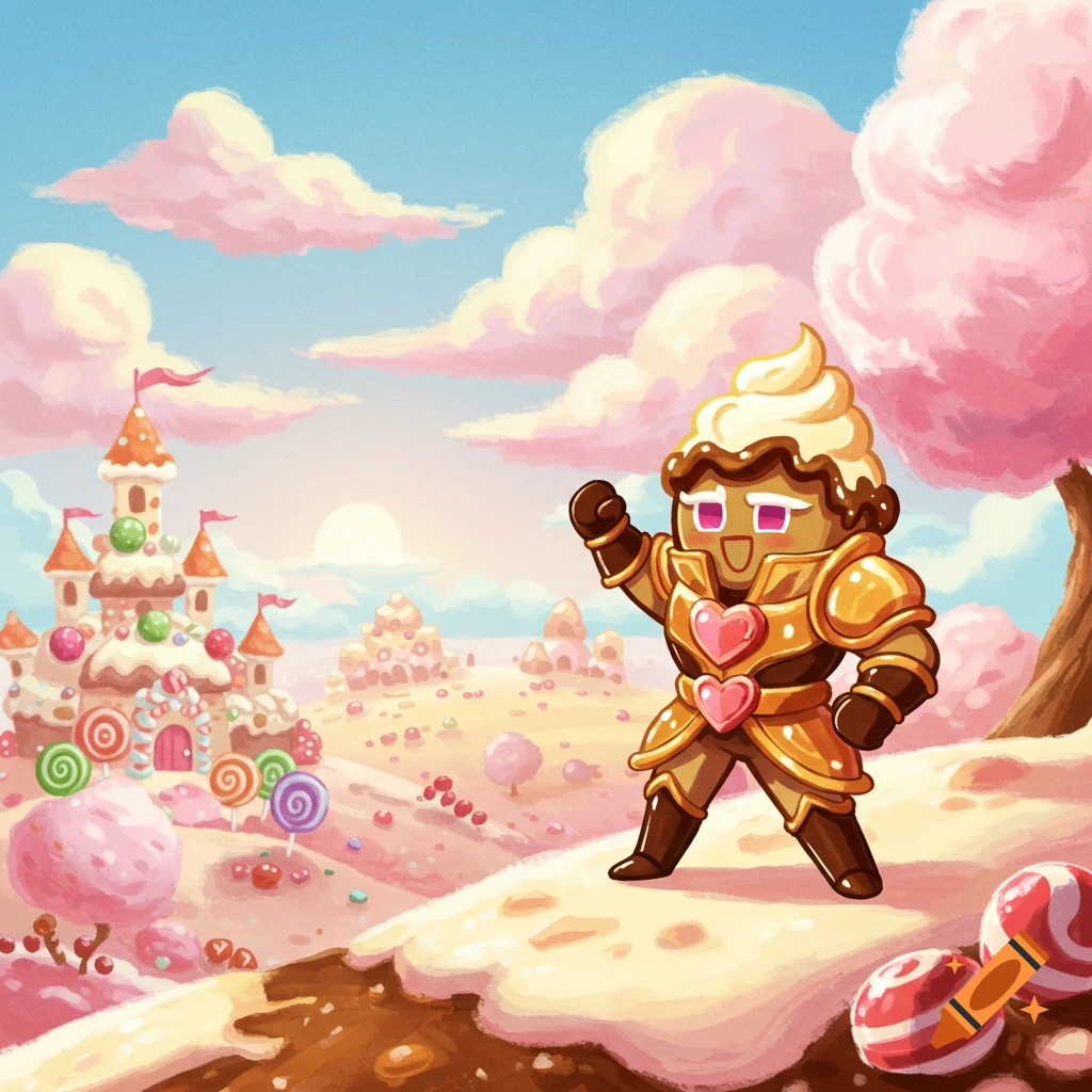 A stylized cookie character in golden armor with whipped cream on its head stands in a vibrant candy land with a castle and pink clouds.