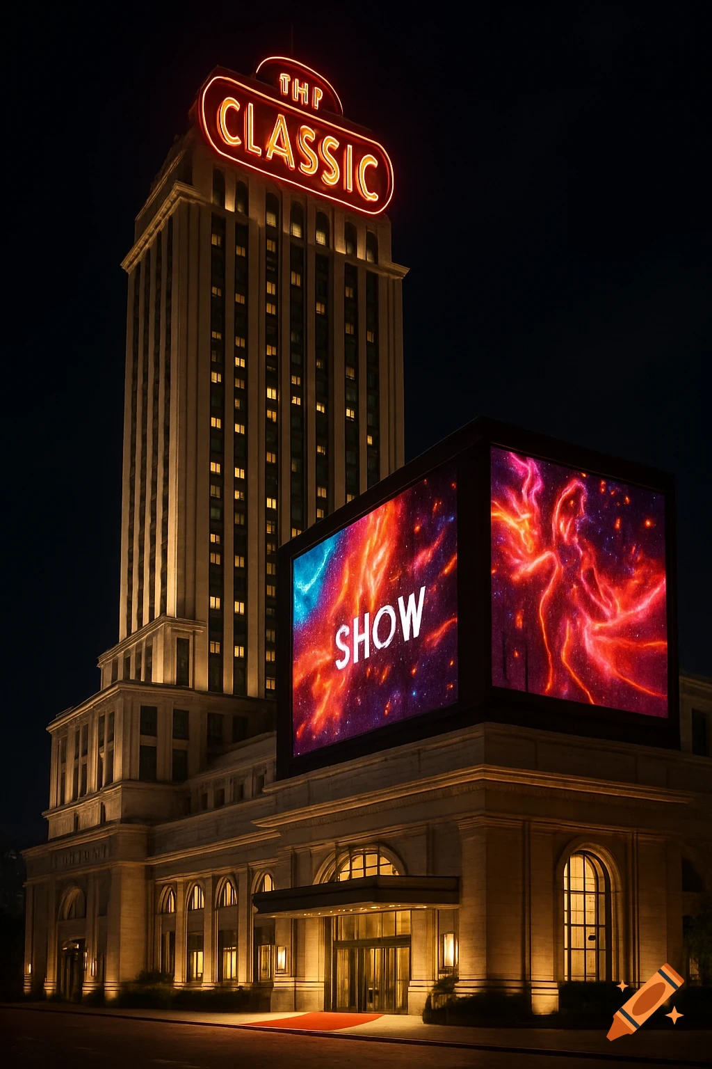 A tall, classic-style hotel building with a red neon 'THE CLASSIC' sign at night. A large digital screen displays abstract art and the word 'SHOW'. A red carpet leads to the entrance.