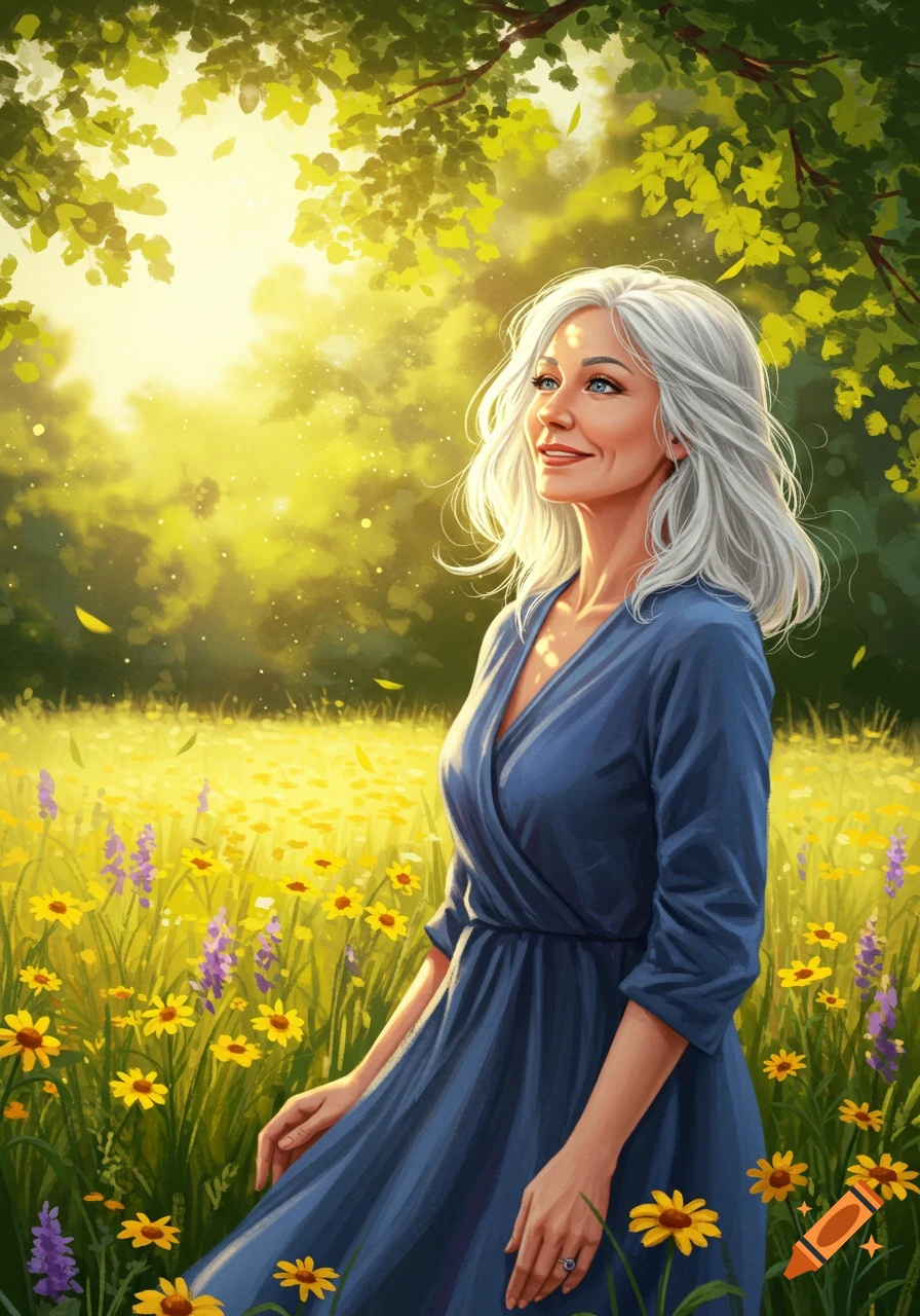 A woman with gray hair smiles in a sunlit field of yellow and purple flowers under green trees.