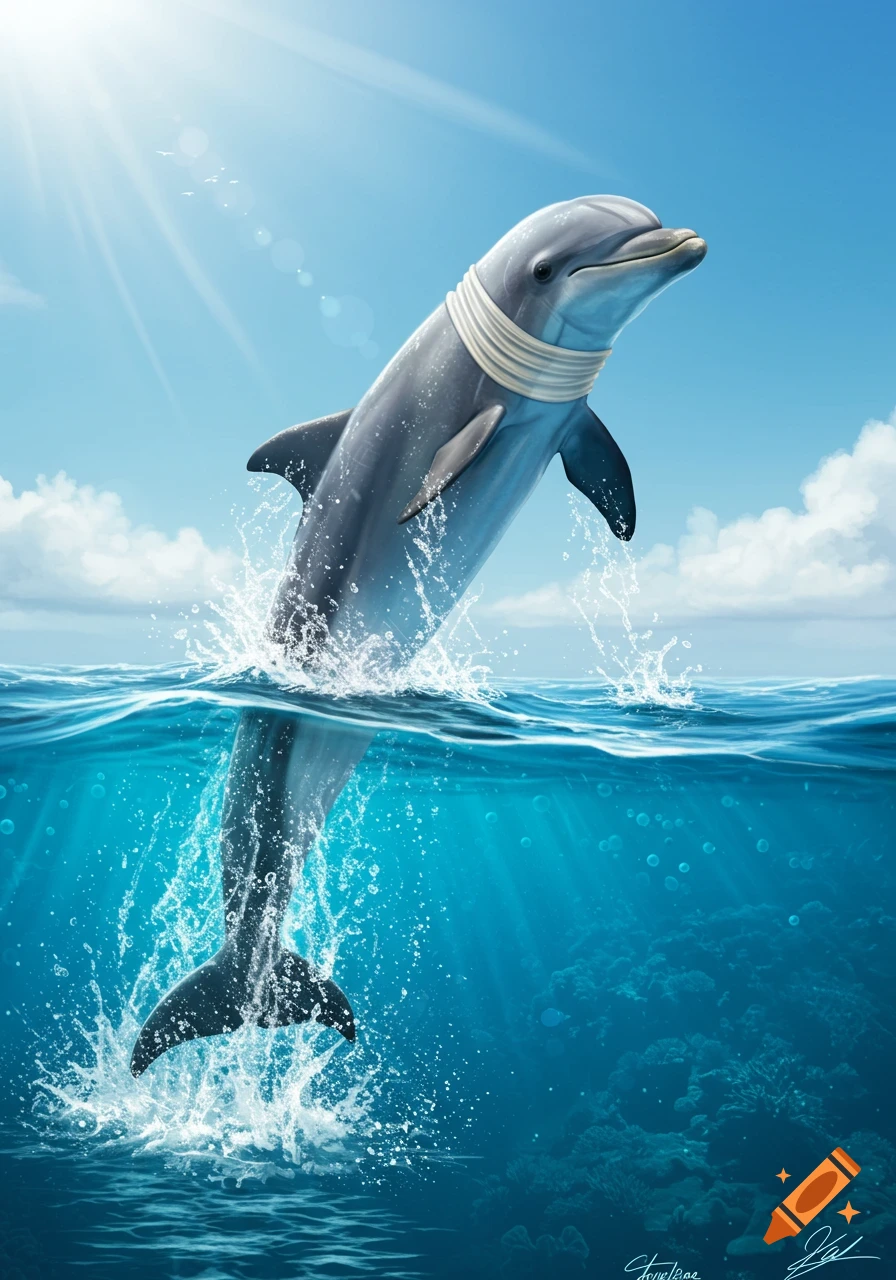 A majestic dolphin with human-like features on its body leaps from the vibrant blue ocean under a bright sunny sky.