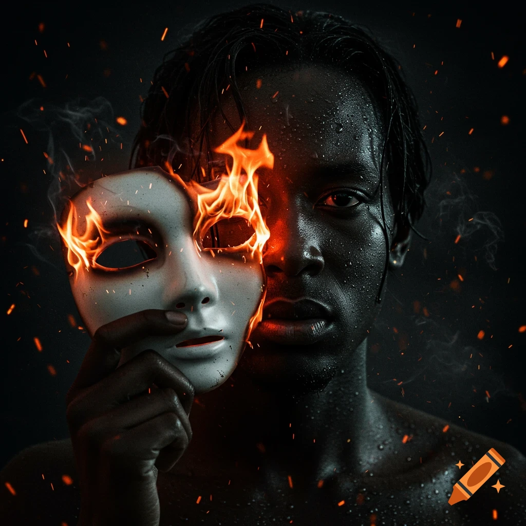 Hyperrealistic portrait of a person holding a burning white mask, with wet hair and an intense gaze in a dark, dramatic setting.