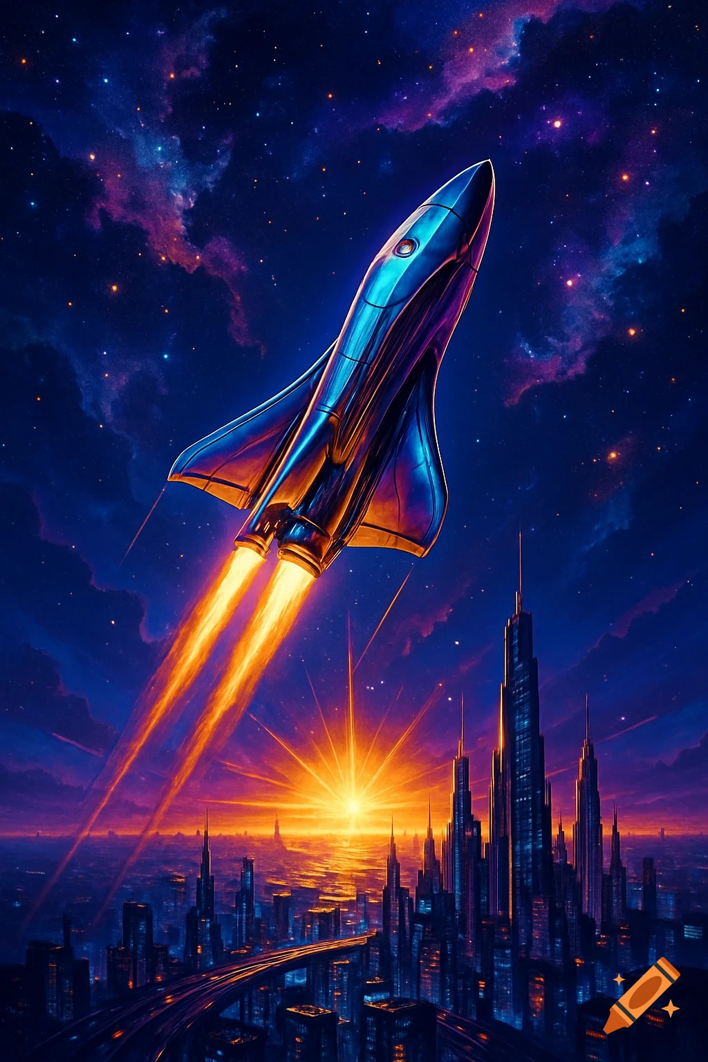 A sleek metallic rocket launches into a vibrant, starry sky above a futuristic city at sunset.