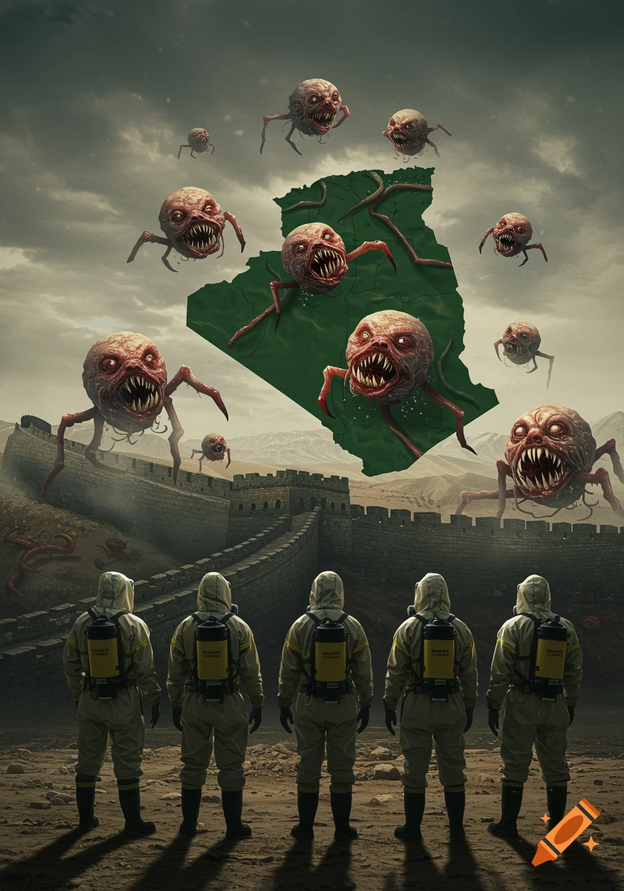 A line of hazmat suit-clad figures face a massive wall, beyond which grotesque, spider-like creatures hover over a map of Algeria.