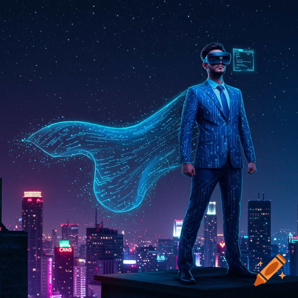 A superhero in a blue circuit-patterned suit and VR headset stands on a futuristic city rooftop at night with a glowing digital cape.