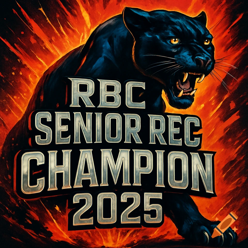 A fierce black panther against an explosive orange background with 'RBC SENIOR REC CHAMPION 2025' text.