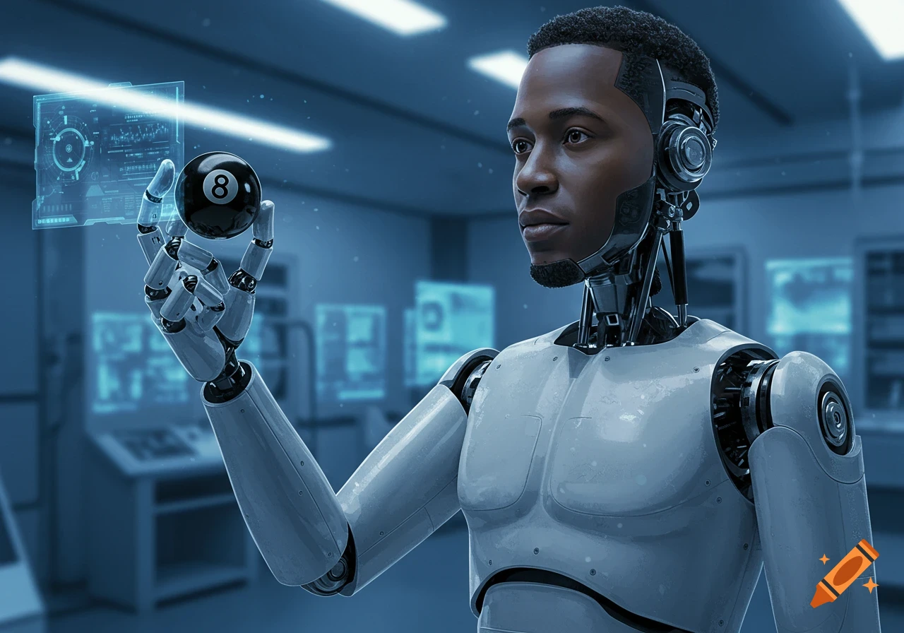 A photorealistic image of a robot with a black man's face holding a magic 8-ball and a holographic display in a futuristic lab.