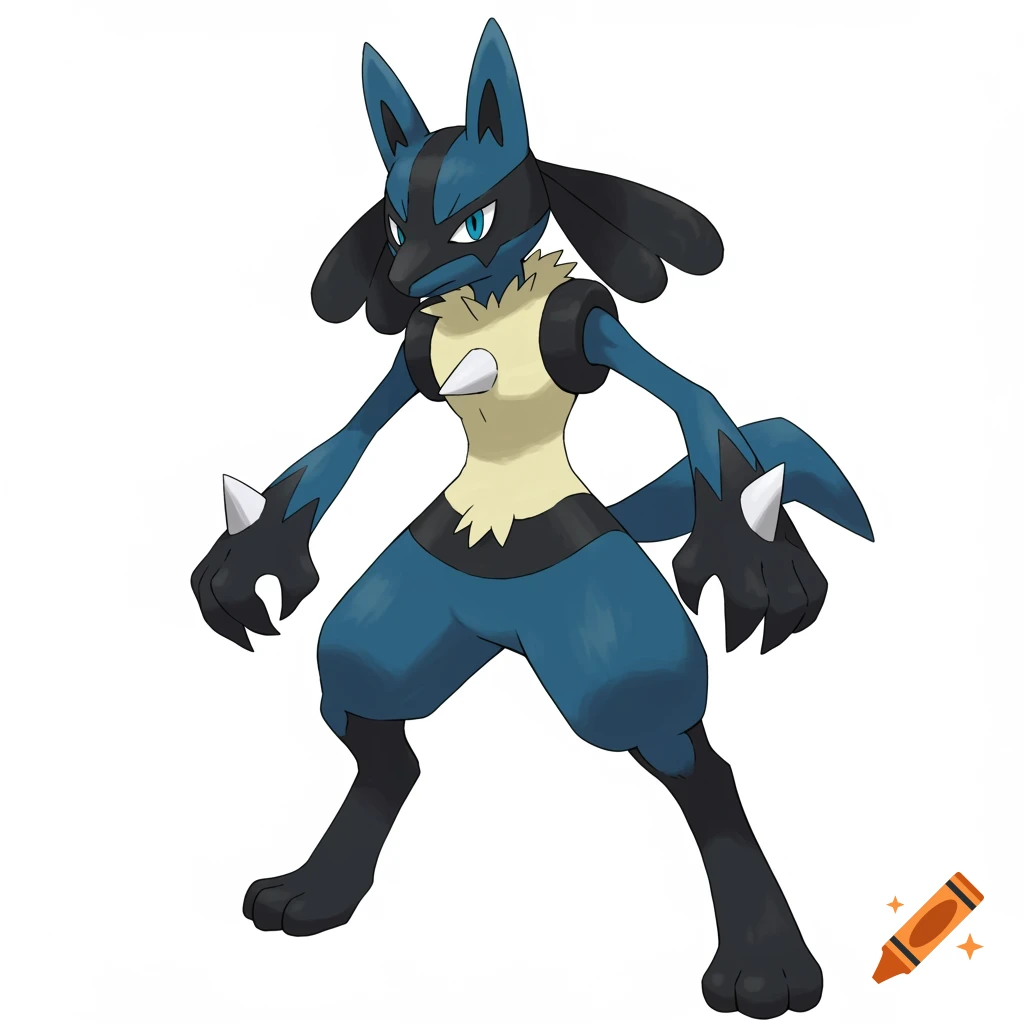 A blue and black bipedal wolf-like Pokémon named Lucario stands on a white background in its official art style.