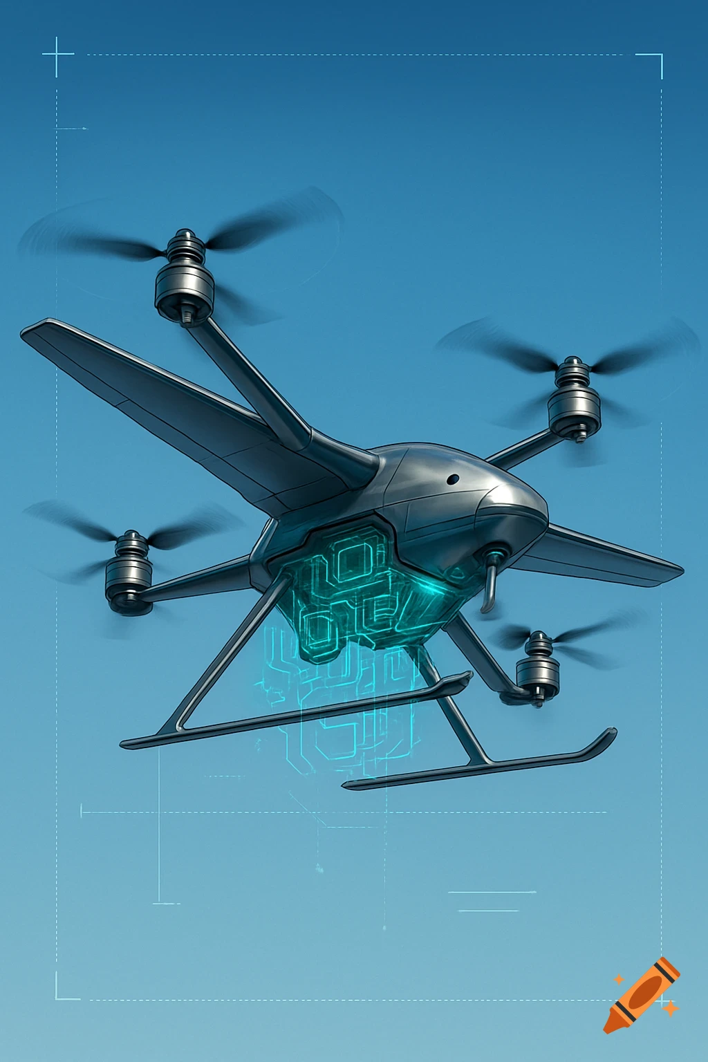 A metallic grey quadcopter drone with glowing blue internal circuitry flying against a blue sky, with dashed lines suggesting a display interface.