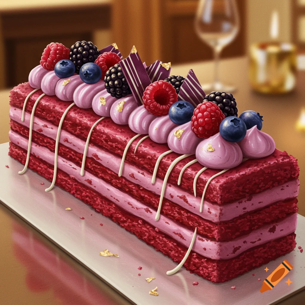 Photorealistic red velvet cake with pink frosting, topped with raspberries, blueberries, blackberries, and chocolate shards.