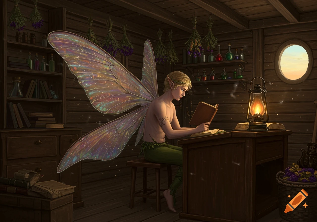 A male fairy with large iridescent wings reads a book at a wooden desk in a rustic room filled with potions and hanging herbs. Digital art.