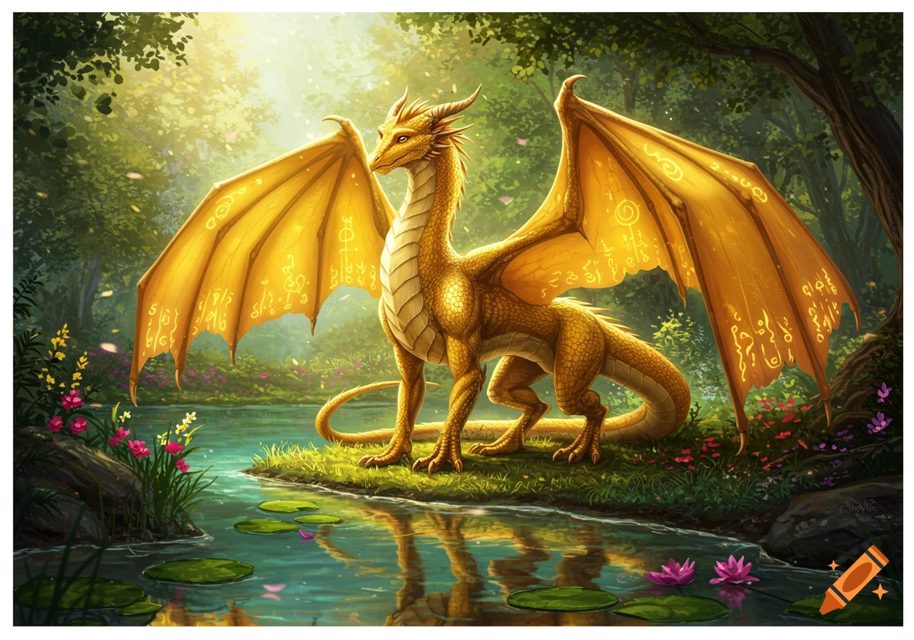 A majestic golden dragon stands beside a sun-dappled forest stream, its wings glowing with mystical symbols.