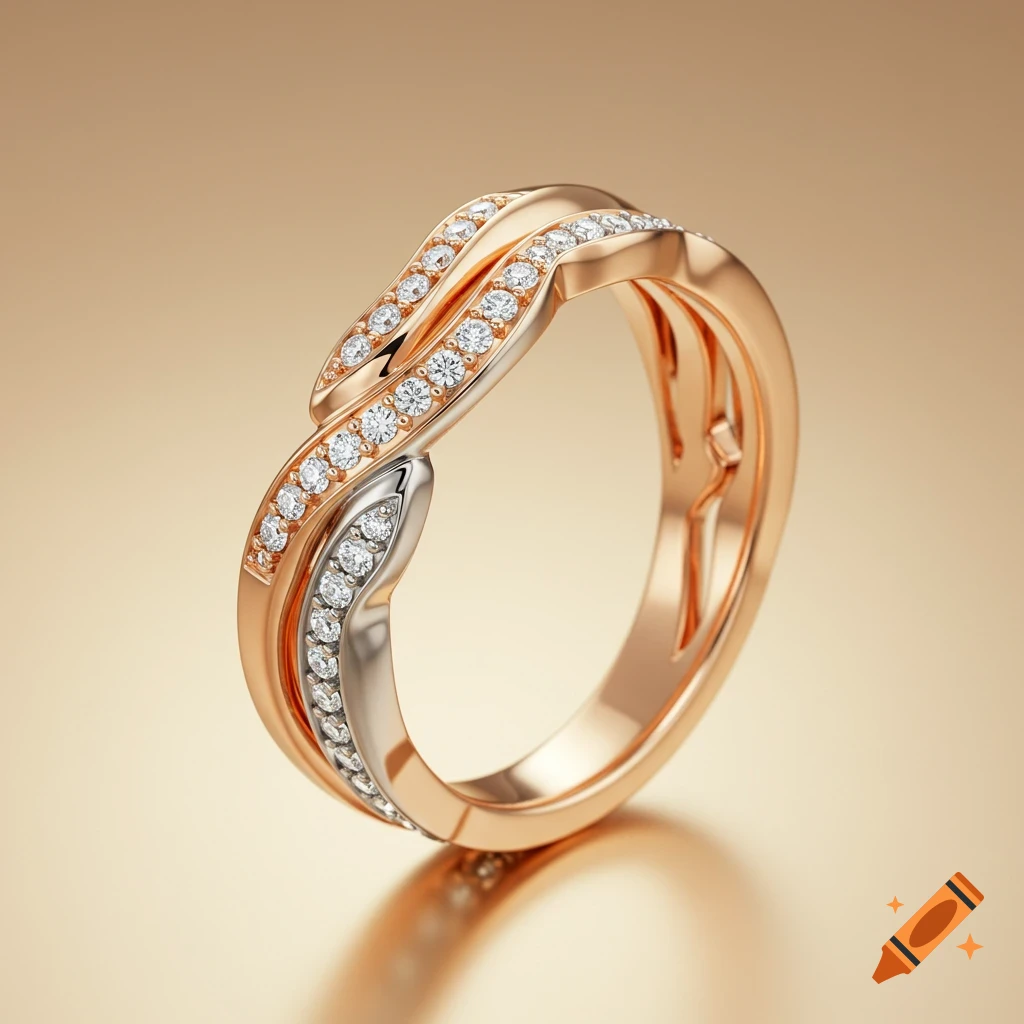 A photorealistic close-up of a braided rose gold and silver ring adorned with rows of sparkling diamonds, set on a gold background.