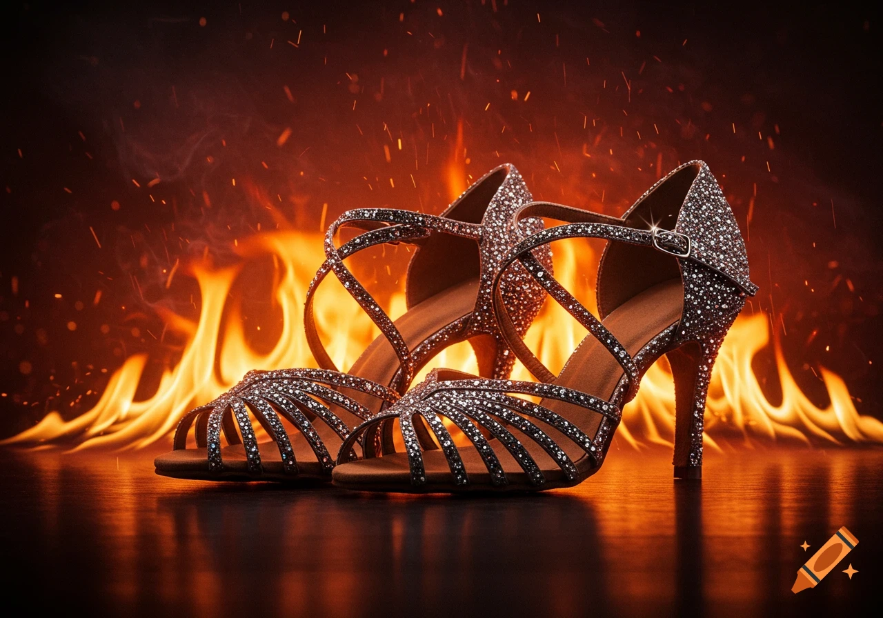 A pair of sparkling Latin ballroom shoes illuminated by flames and flying embers on a dark surface.